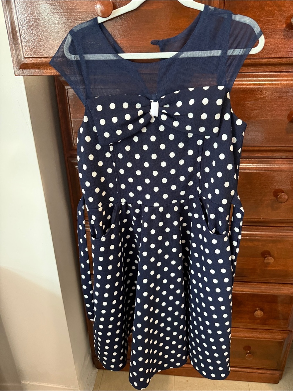 Bonnie Jean Navy and White Polka Dot Bow Dress